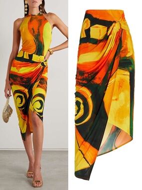 Louisa Ballou Coastline Ring Draped Stretch-Jersey Midi Skirt Size Large